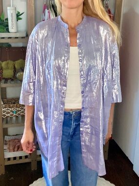 ROBERTA FREYMANN Shimmery Metallic Lavender Button-Front Shirt/Swim Cover-Up! 💜